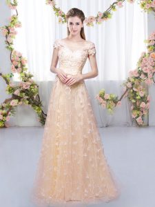 Flare Cap Sleeves Floor Length Appliques Lace Up Wedding Guest Dresses with Peach