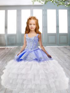 Lavender Ball Gowns Straps Sleeveless Sweep Train Lace Up Appliques and Ruffled Layers Pageant Dress for Girls