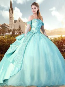 Aqua Blue Quinceanera Gowns Off The Shoulder Sleeveless Brush Train Lace Up