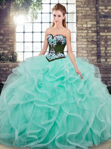 Suitable Aqua Blue Sleeveless Tulle Sweep Train Lace Up Quinceanera Gown for Military Ball and Sweet 16 and Quinceanera