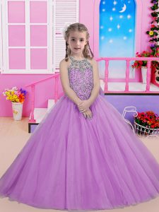Stunning Lilac Ball Gowns Tulle Halter Top Sleeveless Beading Floor Length Lace Up Little Girls Pageant Dress Wholesale