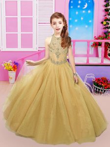 Fashion Gold Ball Gowns Organza Halter Top Sleeveless Beading Floor Length Lace Up Kids Pageant Dress