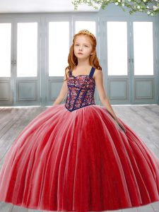 Trendy Sleeveless Tulle Brush Train Lace Up Custom Made Pageant Dress in Red with Embroidery