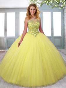 Tulle Scoop Sleeveless Zipper Beading 15 Quinceanera Dress in Yellow Green and Yellow