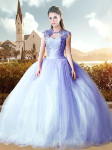 Fantastic Tulle Cap Sleeves Floor Length Quince Ball Gowns and Beading