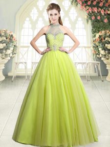 Yellow Green A-line Tulle Halter Top Sleeveless Beading Floor Length Zipper Prom Dress