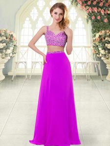 Sleeveless Floor Length Beading Zipper Prom Evening Gown with Purple