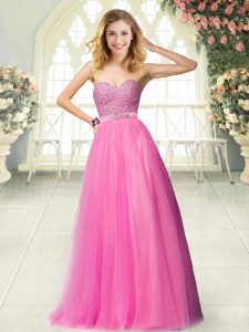 Colorful Hot Pink Sleeveless Floor Length Beading Zipper Evening Dress