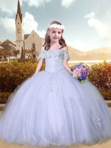 Pretty Lavender Tulle Lace Up Pageant Dress for Womens Short Sleeves Floor Length Beading and Appliques
