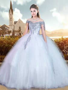 Hot Sale Light Blue Ball Gowns Tulle Off The Shoulder Cap Sleeves Beading and Appliques Floor Length Lace Up Vestidos de