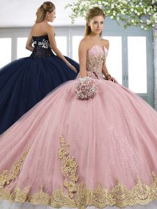 Baby Pink Sweetheart Lace Up Beading and Appliques 15 Quinceanera Dress Sweep Train Sleeveless