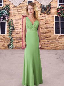 Green Column/Sheath Chiffon V-neck Sleeveless Beading and Lace and Ruching Floor Length Backless Quinceanera Court of Ho