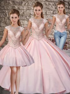 Exceptional Scoop Cap Sleeves Sweep Train Lace Up 15th Birthday Dress Pink Satin