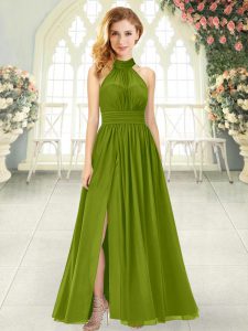 Stunning Sleeveless Chiffon Ankle Length Zipper Prom Gown in Olive Green with Ruching