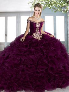 Fine Eggplant Purple Sleeveless Beading and Appliques and Ruffles Lace Up Quinceanera Dress