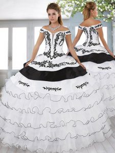 Superior White And Black Organza Lace Up Off The Shoulder Sleeveless Floor Length Quinceanera Gown Embroidery and Ruffle