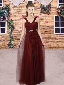 Modern Straps Sleeveless Court Dresses for Sweet 16 Floor Length Beading and Ruching Burgundy Tulle