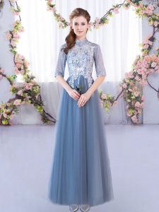 High Quality Blue Lace Up Wedding Party Dress Lace Half Sleeves Floor Length