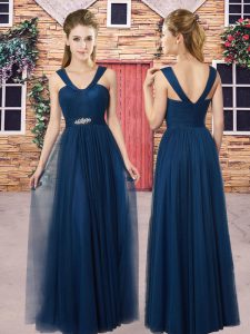 Designer Navy Blue Zipper Dama Dress for Quinceanera Beading Sleeveless Floor Length