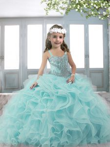 Affordable Floor Length Ball Gowns Sleeveless Aqua Blue Little Girls Pageant Dress Lace Up