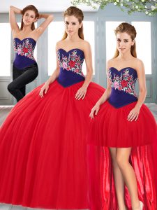 Red Lace Up Sweetheart Embroidery Quinceanera Gowns Tulle Sleeveless