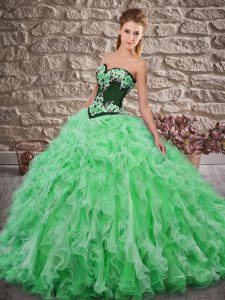 Flirting Green Sleeveless Organza Sweep Train Lace Up Sweet 16 Dress for Military Ball and Sweet 16 and Quinceanera