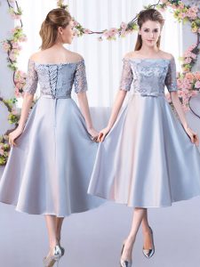 Elegant Silver A-line Lace Bridesmaid Dresses Lace Up Satin Half Sleeves Tea Length