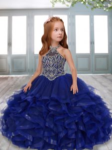 Dazzling Tulle Halter Top Sleeveless Lace Up Beading and Ruffles Little Girls Pageant Dress Wholesale in Navy Blue