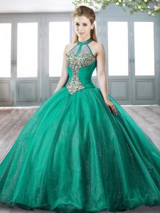 Turquoise Organza Lace Up Halter Top Sleeveless 15th Birthday Dress Sweep Train Beading