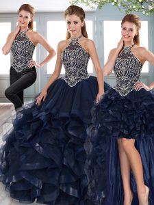 Sleeveless Tulle Floor Length Lace Up Ball Gown Prom Dress in Navy Blue with Beading and Ruffled Layers