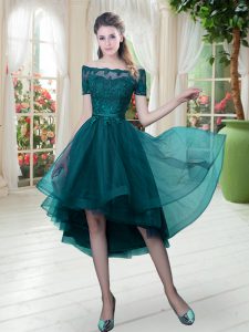 Customized Peacock Green Prom and Party with Lace Off The Shoulder Short Sleeves Lace Up