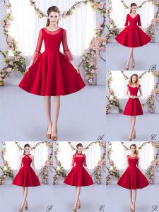 Red Dama Dress for Quinceanera Prom and Party and Wedding Party with Ruching Scoop 3 4 Length Sleeve Zipper