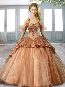 Flirting Spaghetti Straps Sleeveless Organza Sweet 16 Quinceanera Dress Beading and Appliques Sweep Train Lace Up