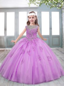 Beautiful Scoop Short Sleeves Little Girls Pageant Dress Sweep Train Beading and Appliques Lilac Tulle