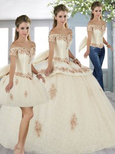 Delicate Champagne Tulle Lace Up Off The Shoulder Short Sleeves Floor Length Quince Ball Gowns Beading and Appliques and