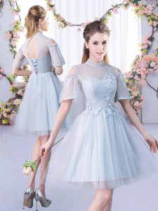 Delicate High-neck Short Sleeves Lace Up Dama Dress Grey Tulle