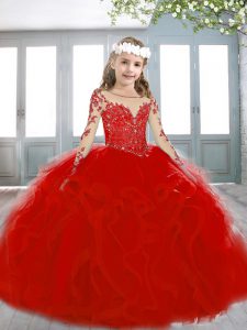 Simple Red Tulle Lace Up Scoop Long Sleeves Little Girls Pageant Dress Sweep Train Beading and Ruffles