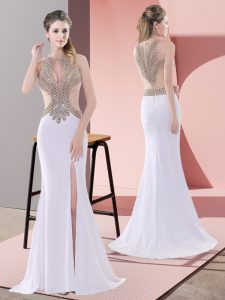 White Mermaid Chiffon Scoop Sleeveless Beading and Lace Lace Up Prom Evening Gown Sweep Train