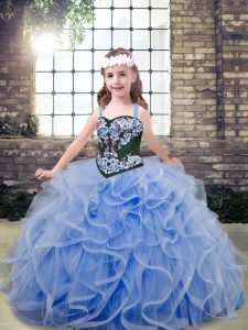 Beauteous Light Blue Ball Gowns Tulle Straps Sleeveless Embroidery and Ruffles Floor Length Lace Up Pageant Gowns For Gi