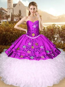 Sleeveless Floor Length Embroidery Lace Up 15th Birthday Dress with Purple
