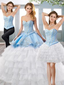 Fabulous Blue And White Three Pieces Satin and Organza Sweetheart Sleeveless Embroidery and Ruffled Layers Lace Up Quinc