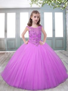 Adorable Floor Length Zipper Pageant Gowns For Girls Lilac for Party and Wedding Party with Beading