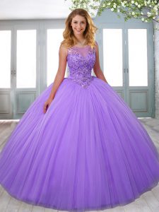 Glittering Lavender Zipper Scoop Beading 15th Birthday Dress Tulle Sleeveless