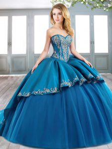 Satin and Tulle Sleeveless Sweet 16 Dress Brush Train and Embroidery