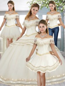 White Short Sleeves Floor Length Beading and Lace Lace Up Sweet 16 Dresses