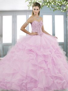 Simple Sleeveless Sweep Train Beading and Ruffles Lace Up Quinceanera Dresses