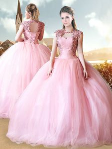 Pink Cap Sleeves Floor Length Beading Lace Up Sweet 16 Dress