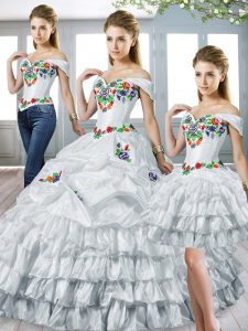 Stylish Taffeta Off The Shoulder Sleeveless Lace Up Embroidery and Ruffled Layers Quinceanera Gown in White