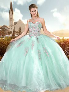 Light Blue Ball Gowns Sweetheart Sleeveless Organza Floor Length Lace Up Beading and Appliques Sweet 16 Dresses