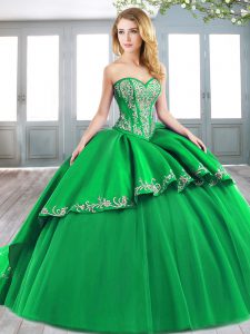 Best Green Quinceanera Gowns Military Ball and Sweet 16 and Quinceanera with Embroidery Sweetheart Sleeveless Brush Trai